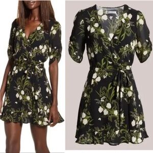 Reformation Black and Green Floral Wrap Blouse